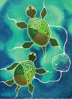 painting of two turtles with a aboriginal wheel on their shells - represents brothers and their spiritual connection
