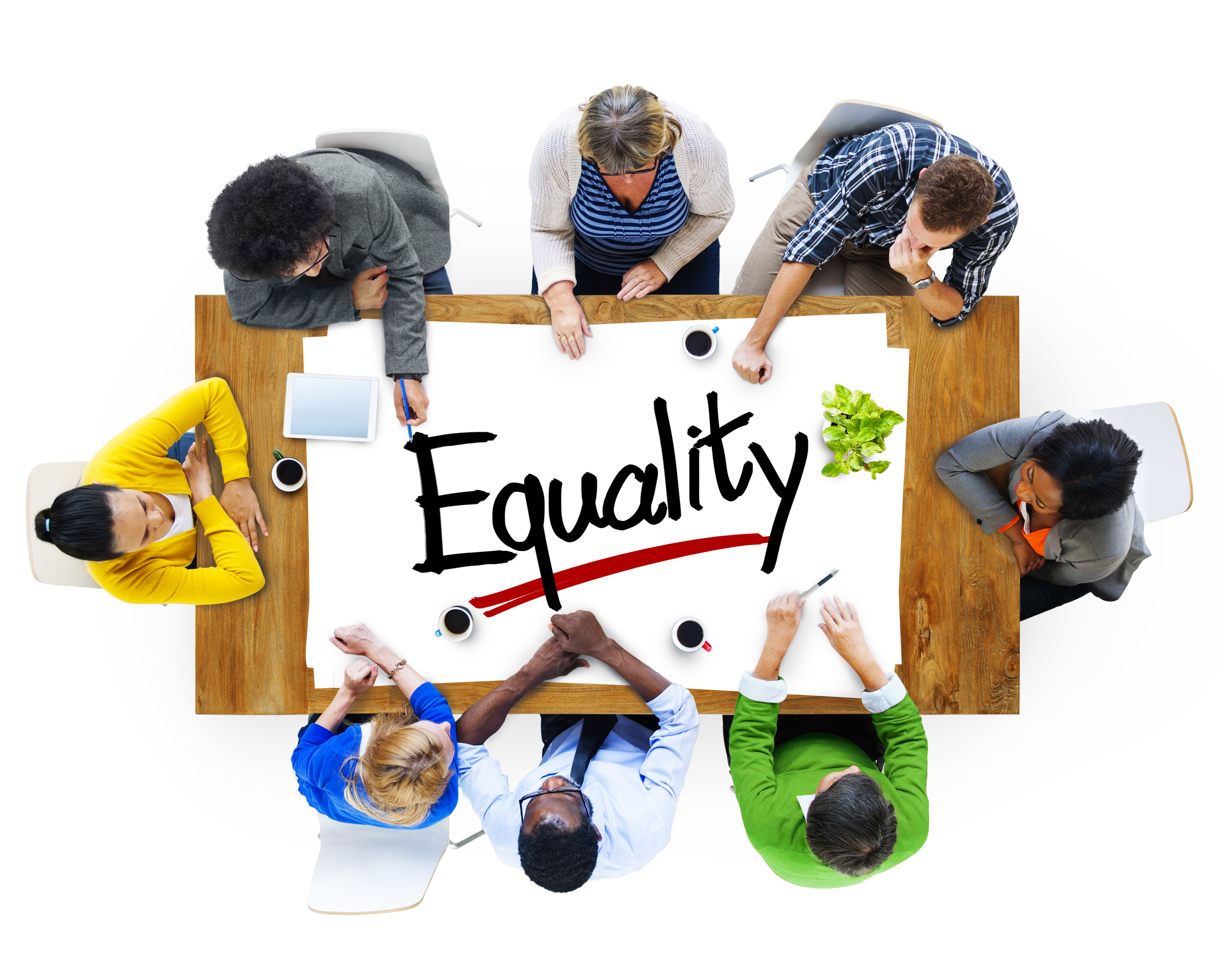 workers at a table with equality written on a paper